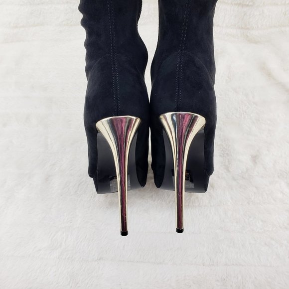 Girlz Revenge Faux Stretch Suede Black Sexy High Heel Pointy Toe Platform Boots - Picture 5 of 15